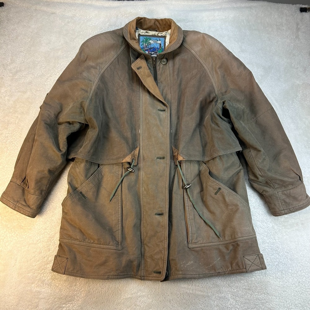 Vintage Overland Outfitters Island Adventure Leather Coat Mens Tan 90s "Read"